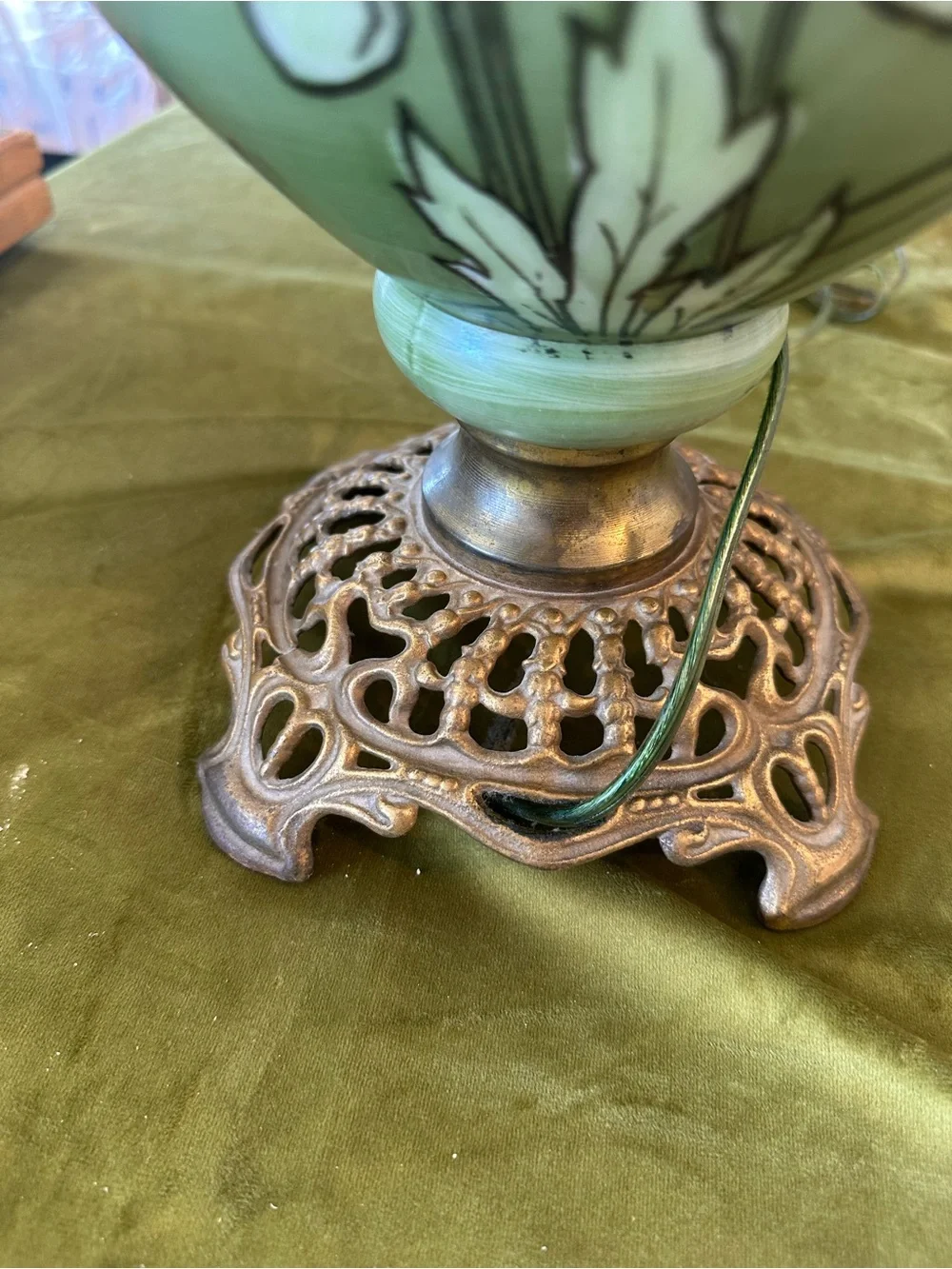 Vintage Floral Glass Table Lamp - Pink and Green